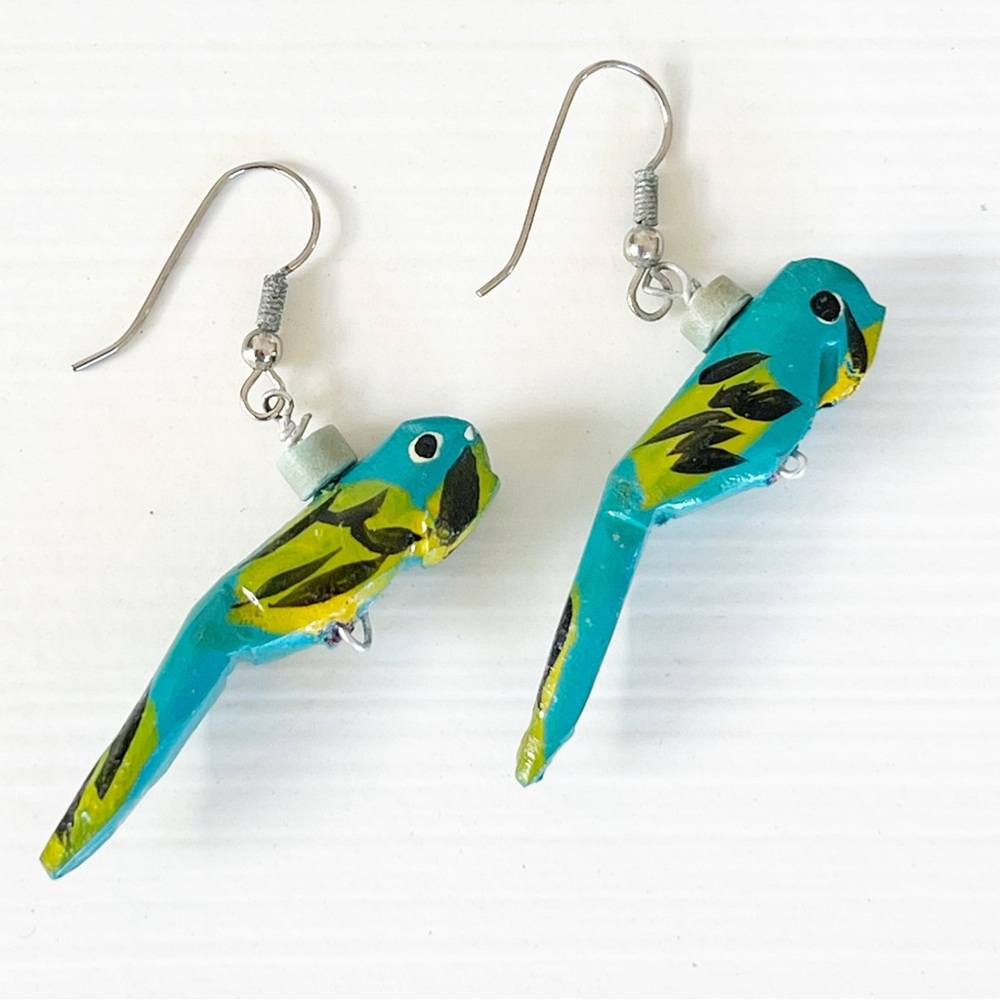 Vintage Wooden Parrot Earrings Hand Painted Tropical